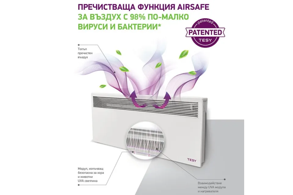 Конвектор TESY Liveco CN 051 250 EI CLOUD AS W с функция AirSafe, 2500W, Електронен термостат